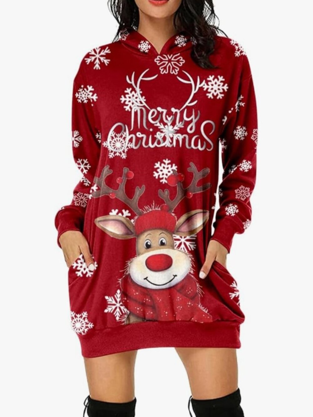 Women's Christmas Printed Xmas Party Casual Hooded Dress with Pockets Red Size